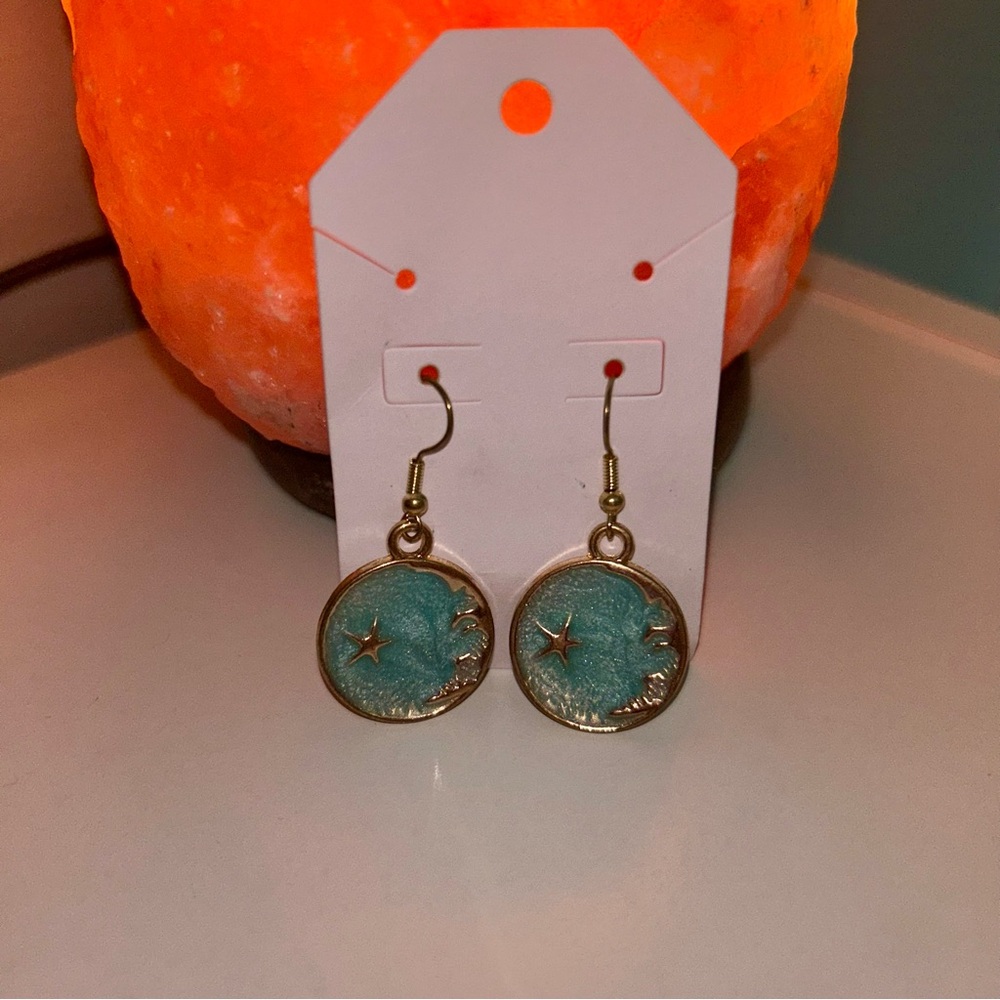 Gold and Blue Dangle Earrings with Turquoise Stones